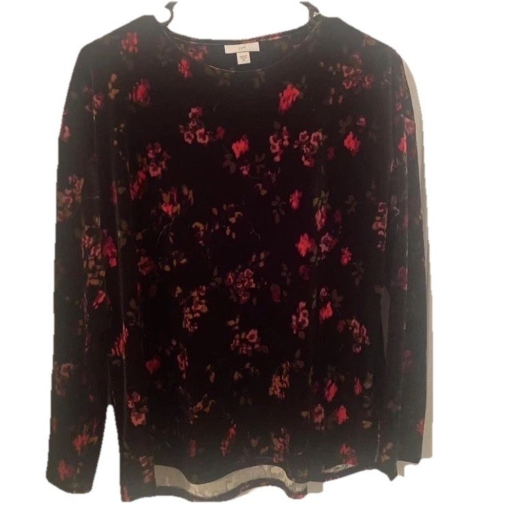 J. Jill Velvet Floral Top XS Black Pink Long Sleeve Casual Holiday Stretchβ
